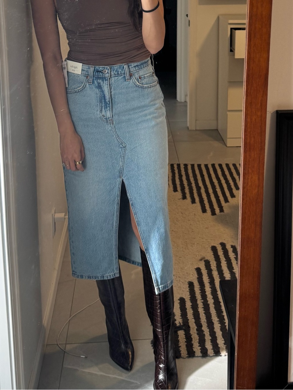 Abercrombie & Fitch Light Blue High-Rise Denim Midi Skirt with Front Slit